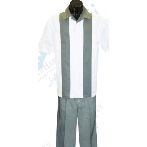 Steve Harvey Grey with White Embroiderey 2 Pc 100% Linen Outfit # 1213